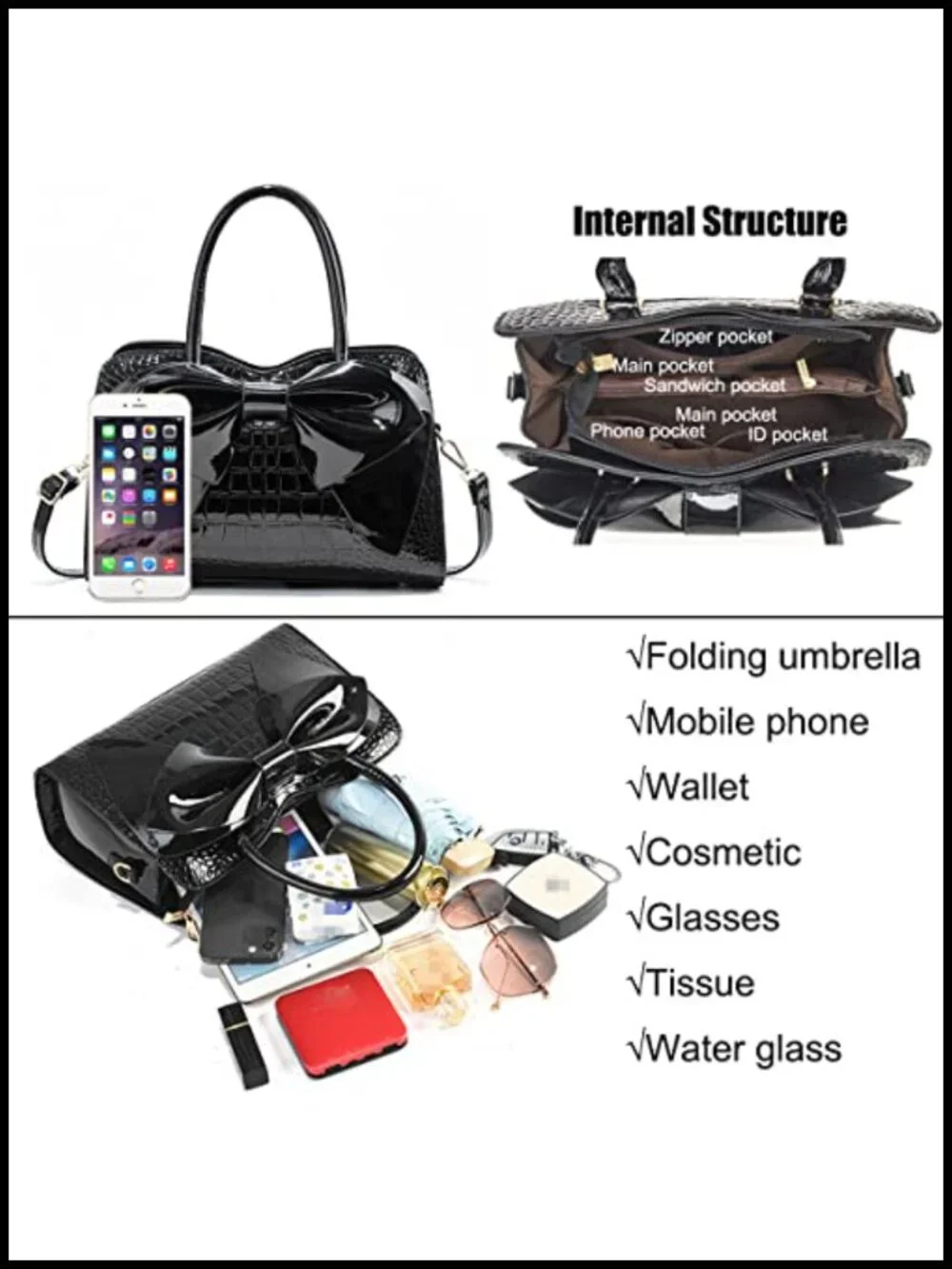 Shiny Patent Leather Bowknot Satchel Handbag Tote Top-Handle Purse